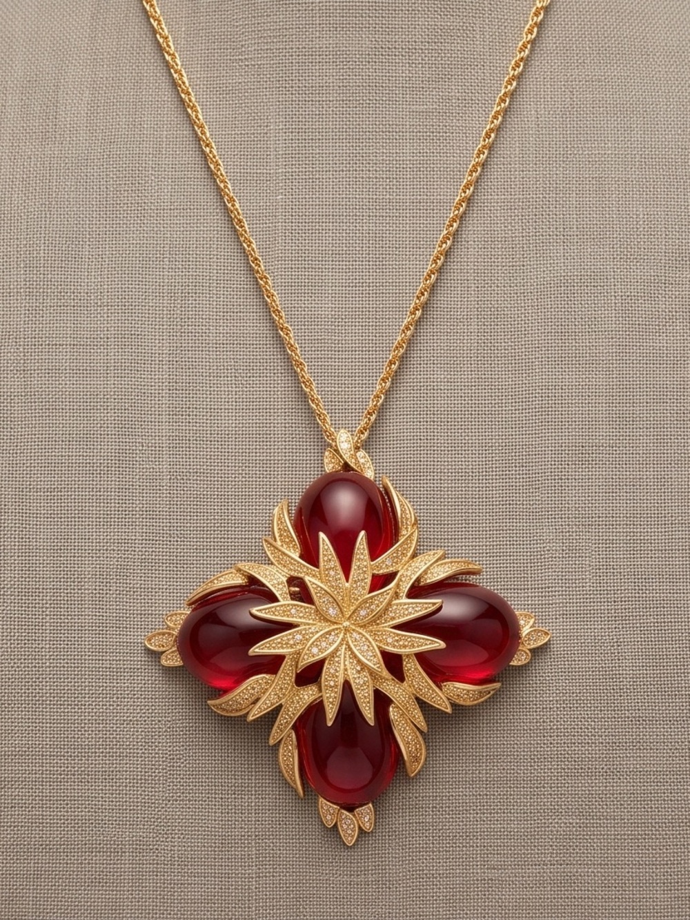 Gold-Tone Necklace with Deep Red Cabochon Pendant